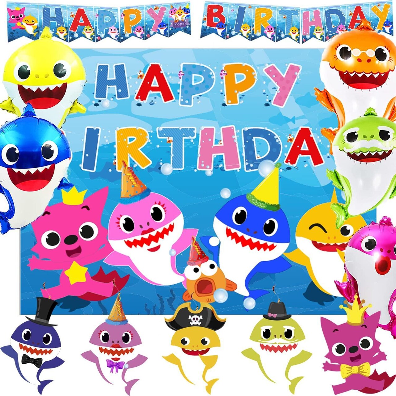 12 pcs Baby Shark Happy Birthday Party Supplies Set DOO Theme For Kids Shower and Children Birthdays Decorations Pack: 5 Balloons 5 Swirls 1 Banner 1 Background